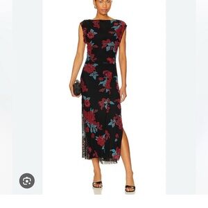 Free People Black Midi Dress with Red and Blue Floral Design